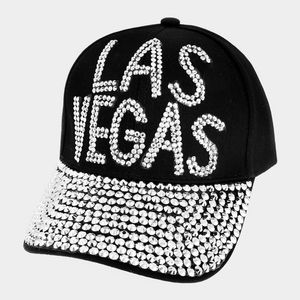 Black Denim Silver Rhinestone LAS VEGAS Stud Crystal Brim Baseball Cap Hat Bling